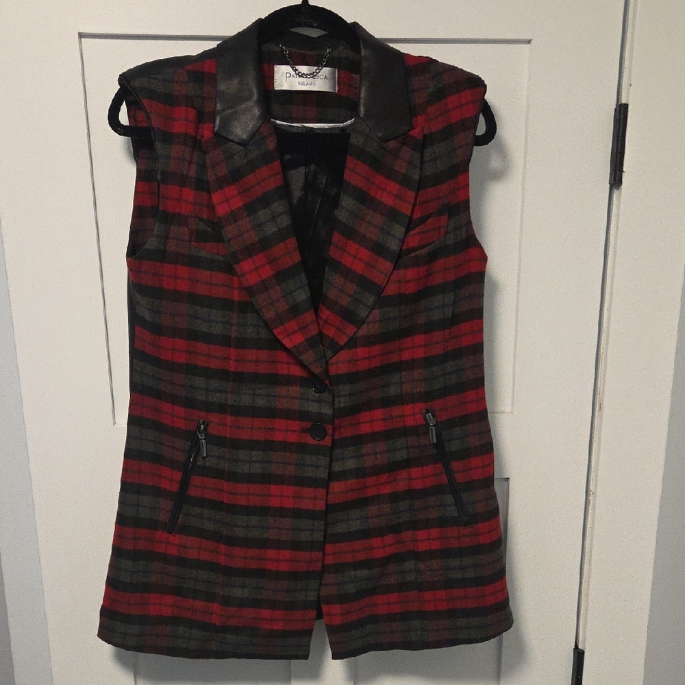 Patriziq Luca Mano Red and Black Plaid Vest with Faux Leather Trim